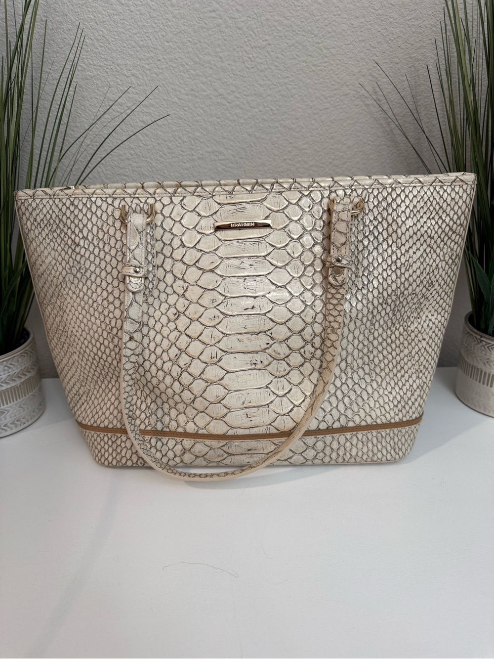 Brahmin Oyster colored Medium Asher tote -Embossed Leather Tote